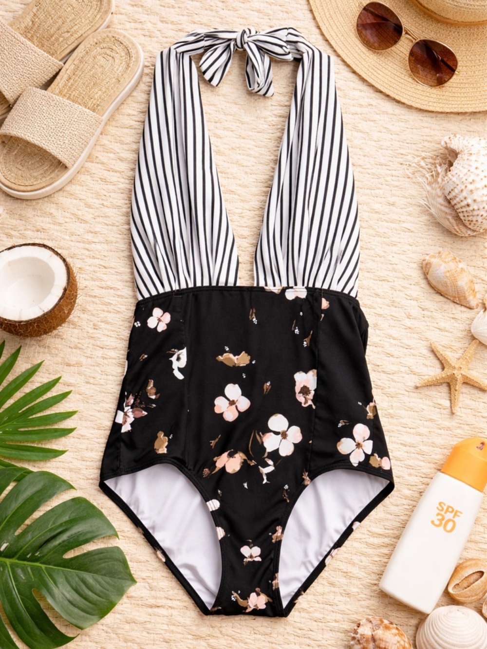 Cocoship One Piece Swimsuit Sz 8 Black Floral Halter Deep V